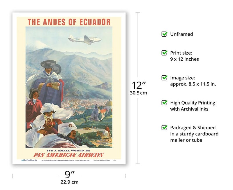 Pacifica Island Art The Andes of Ecuador - South America - Pan American Airways (PAA) - Vintage Airline Travel Poster by Paul George Lawler c.1939 - Master Art Print (Unframed) 9in x 12in - Image 2